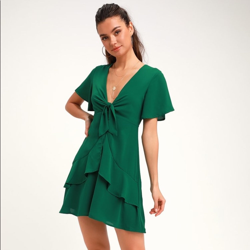 Lulus Jewell Green Tie-Front Skater Dress